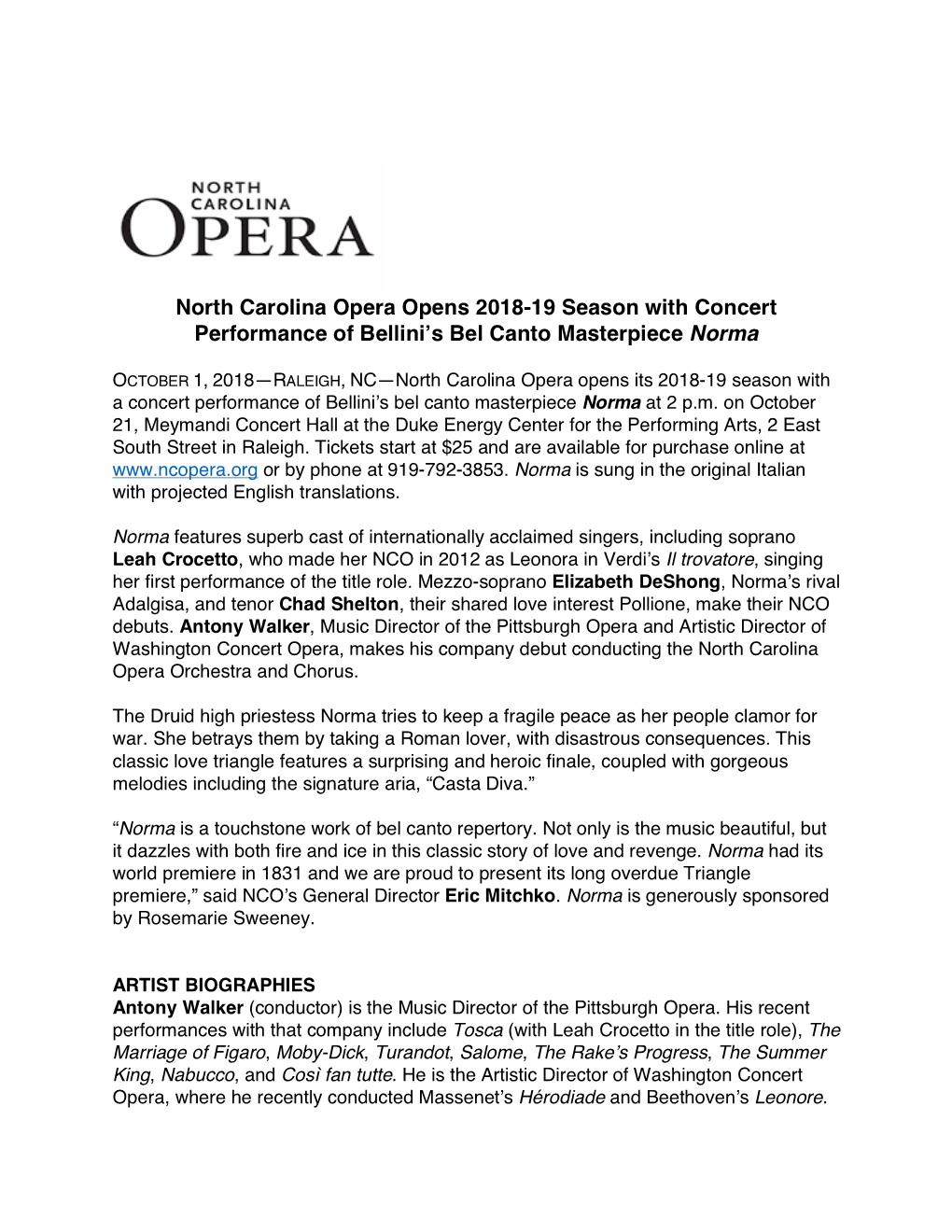 North Carolina Opera Opens 2018-19 Season with Concert Performance of Bellini’S Bel Canto Masterpiece Norma