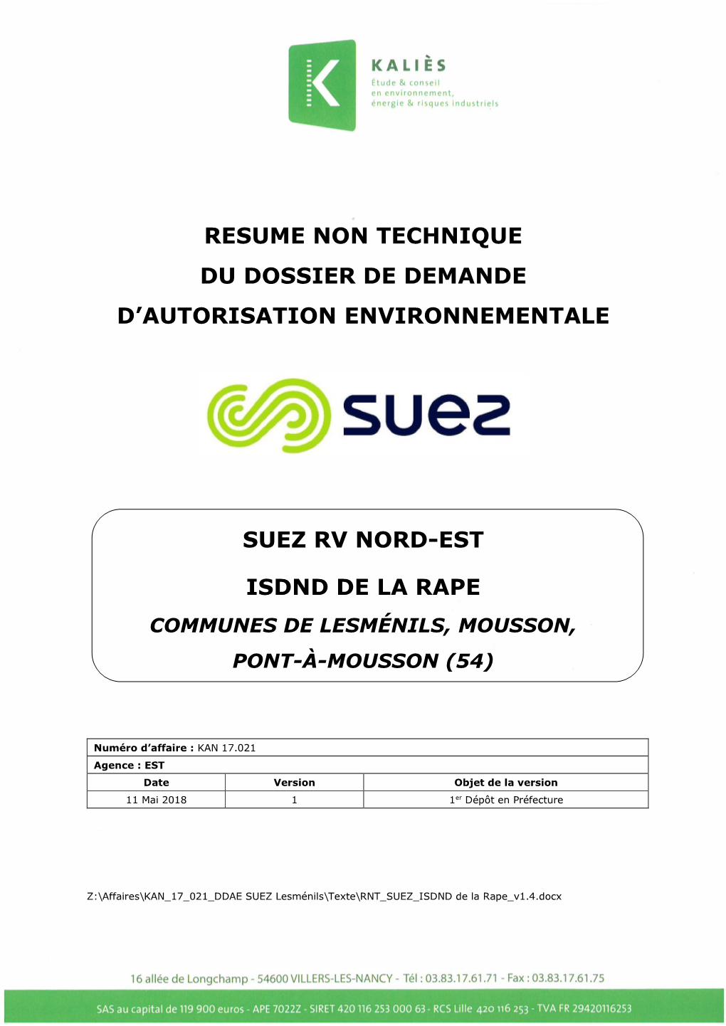 Resume Non Technique Du Dossier De Demande D’Autorisation Environnementale