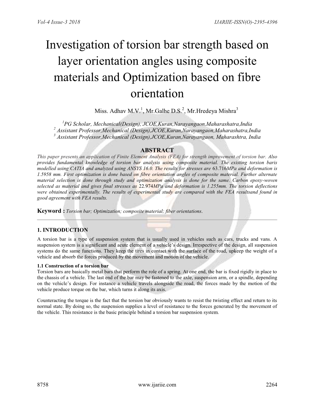 Investigation of Torsion Bar Strength Based on Layer Orientation Angles Using Composite Materials and Optimization Based on Fibre Orientation