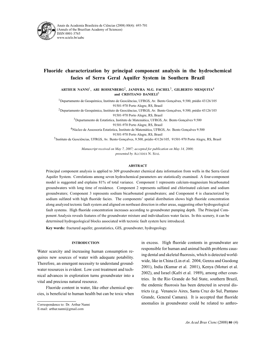 Fluoride Characterization by Principal Component Analysis in the Hydrochemical Facies of Serra Geral Aquifer System in Southern Brazil