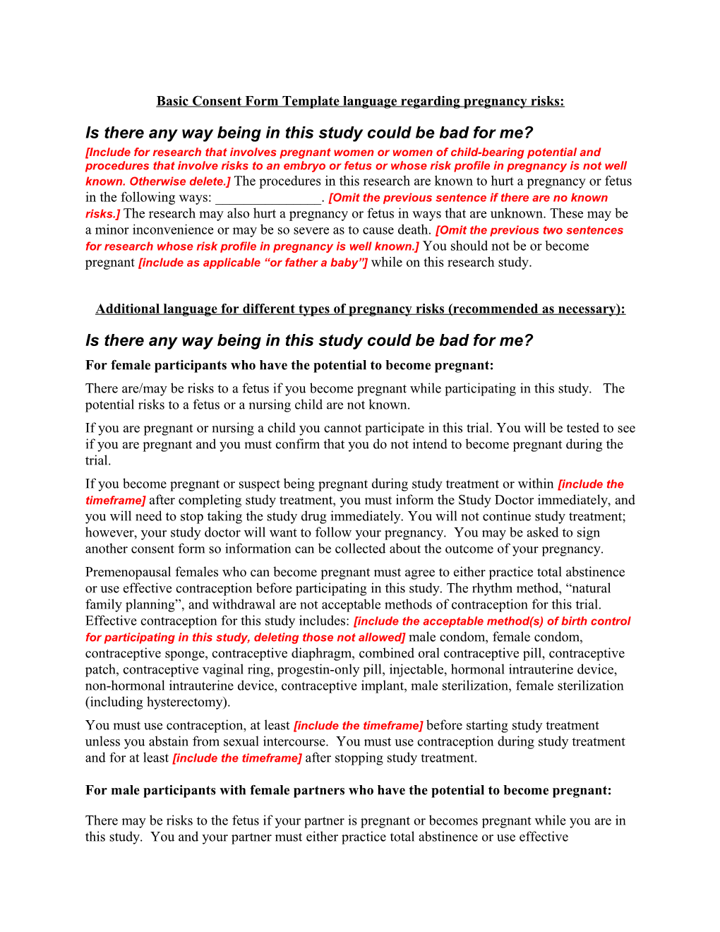 Basic Consent Form Template Language Regarding Pregnancy Risks