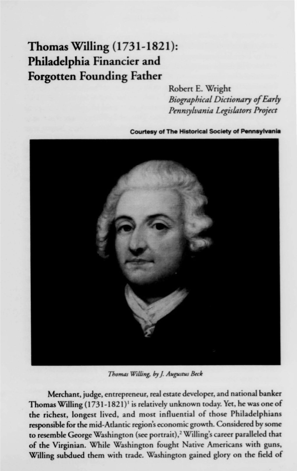 Thomas Wllling (1731-1821): Phiadelphia Fnancier and Forgoten Founding Father Robert E