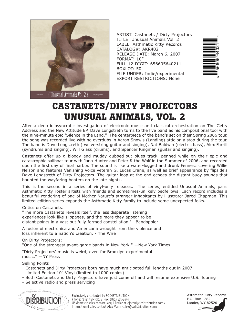 Castanets/Dirty Projectors Unusual Animals, Vol. 2