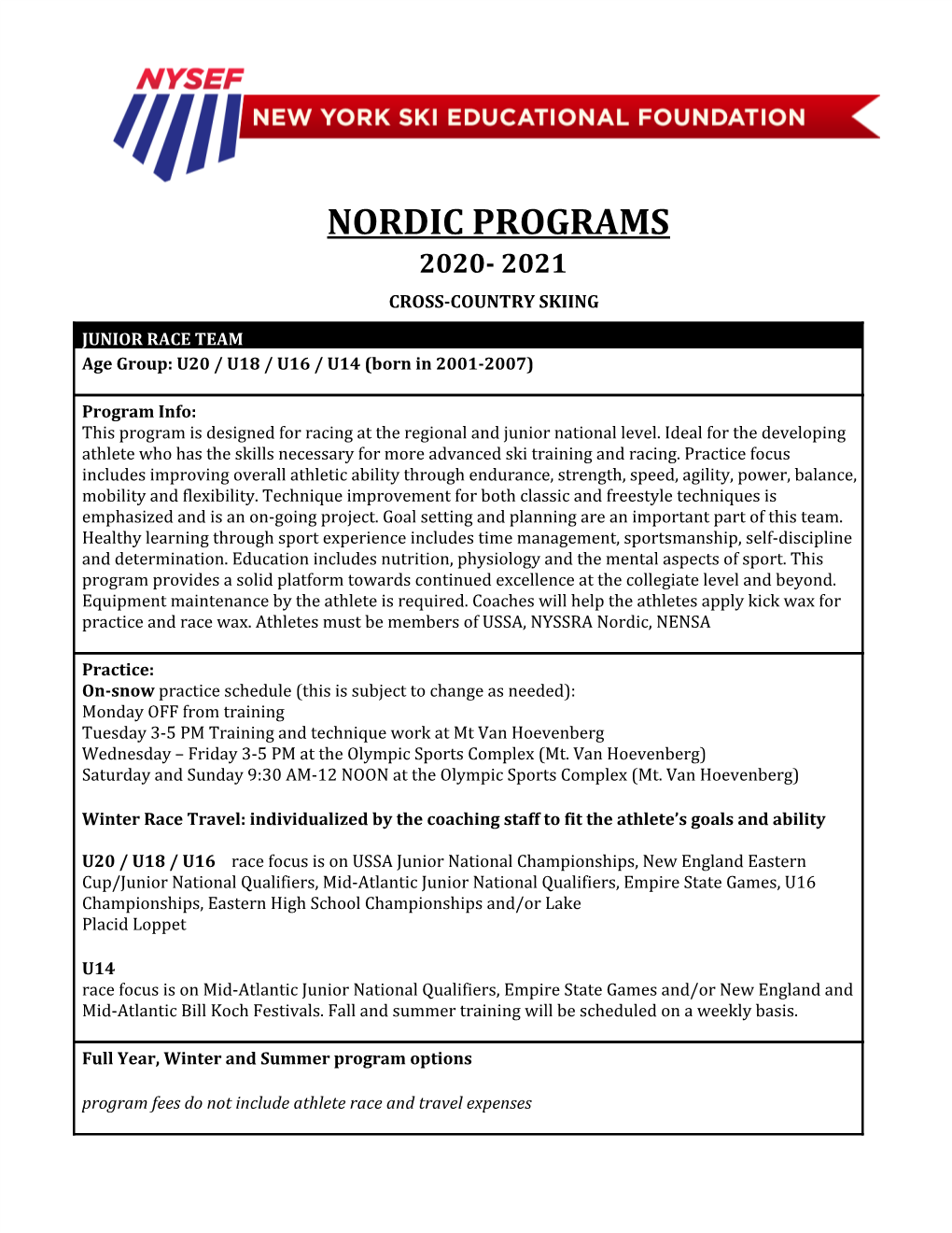 Nordic Programs 2020- 2021 Cross-Country Skiing