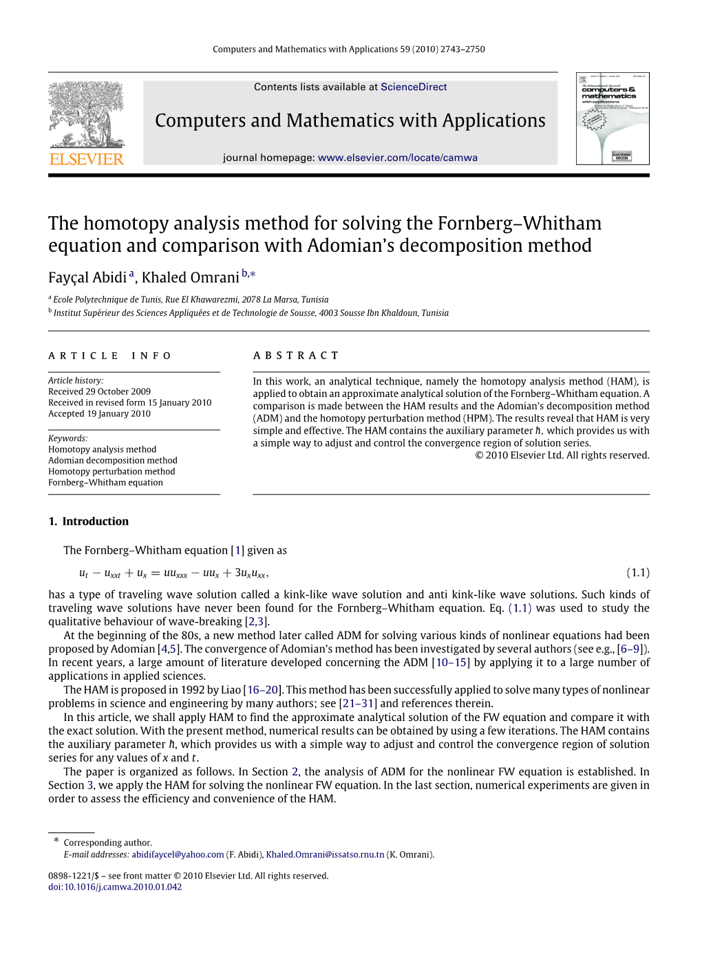 The Homotopy Analysis Method for Solving the Fornberg–Whitham Equation and Comparison with Adomian’S Decomposition Method