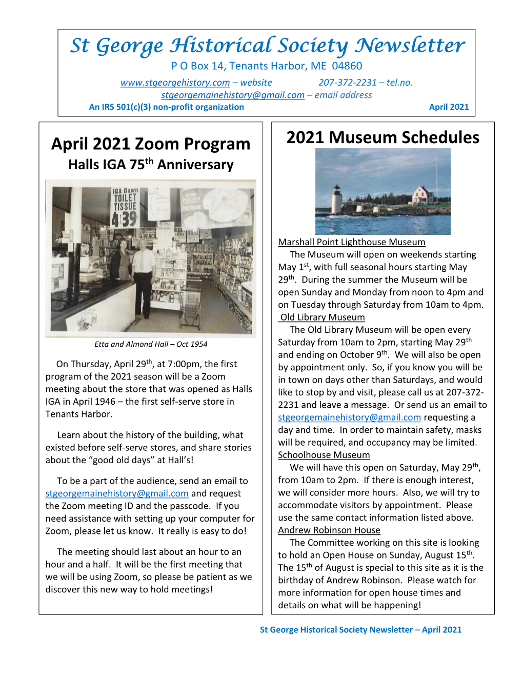 St George Historical Society Newsletter P O Box 14, Tenants Harbor, ME 04860