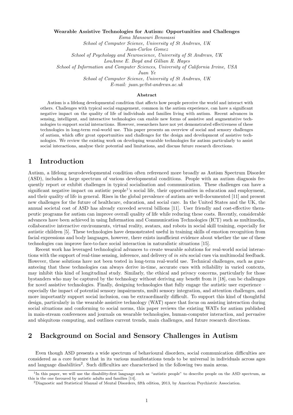 1 Introduction 2 Background on Social and Sensory Challenges in Autism