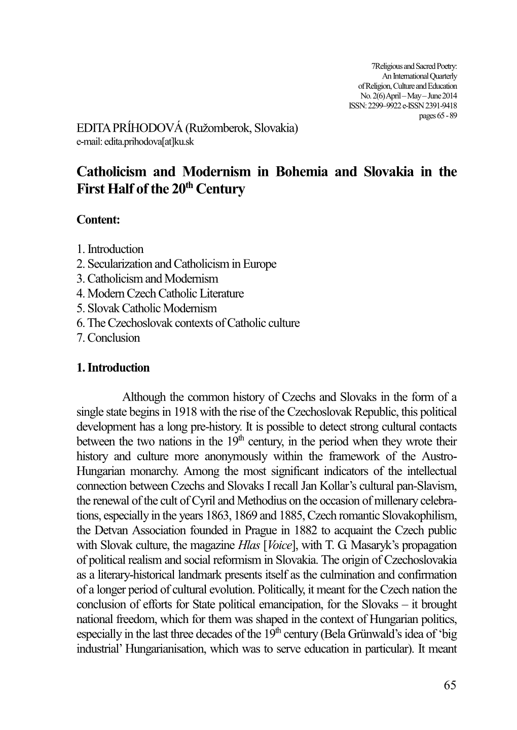 Catholicism and Modernism in Bohemia and Slovakia in the First Half of the 20Th Century