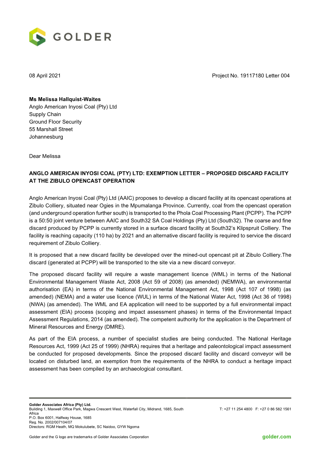 Golder.Com 08 April 2021 Project No. 19117180 Letter 004 Ms Melissa