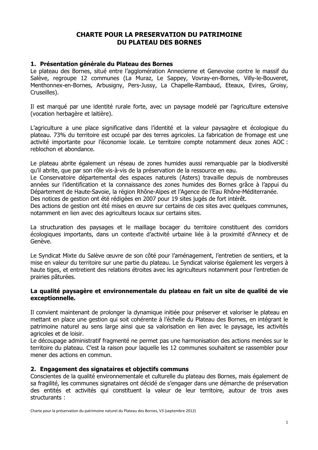 Charte Pour La Préservation Du Plateau Des Bornes