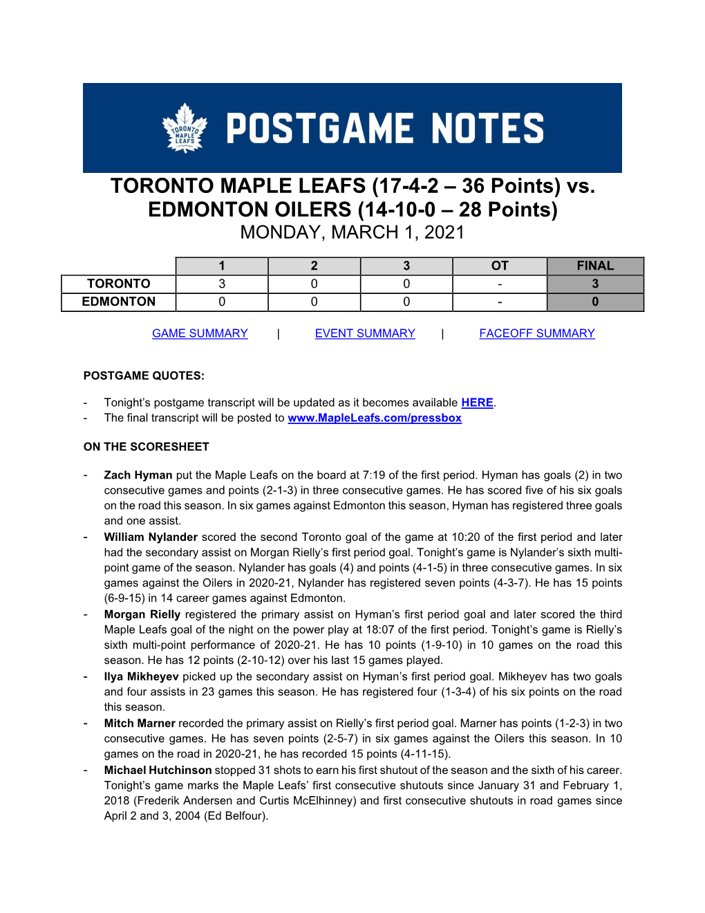 Vs. EDMONTON OILERS (14-10-0 – 28 Points) MONDAY, MARCH 1, 2021