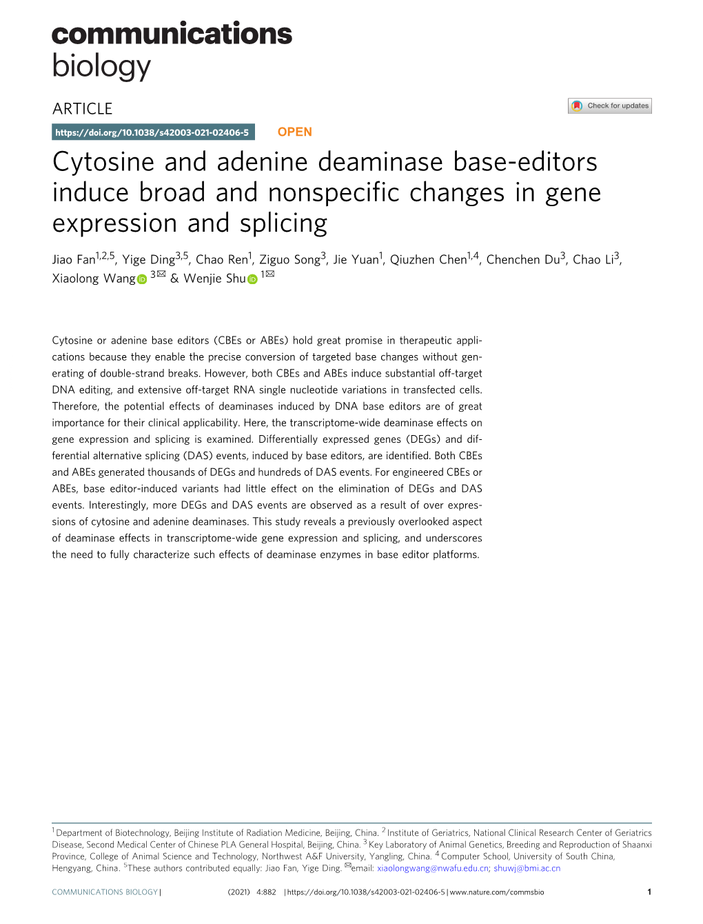 Cytosine and Adenine Deaminase Base-Editors Induce Broad and Nonspeciﬁc Changes in Gene Expression and Splicing