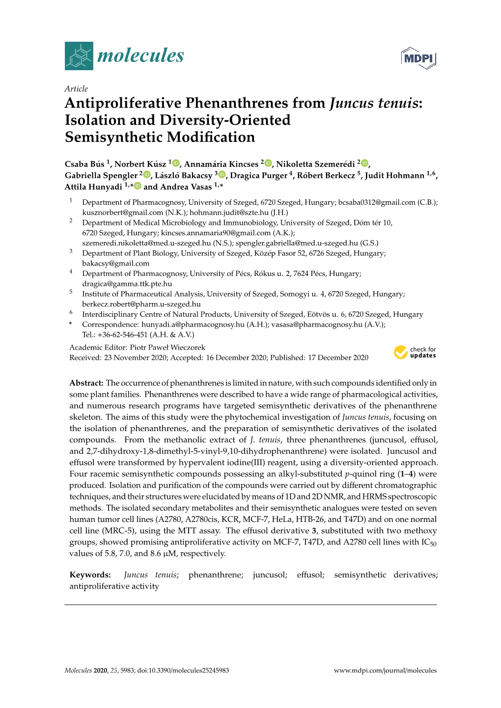 Antiproliferative Phenanthrenes from Juncus Tenuis: Isolation and Diversity-Oriented Semisynthetic Modiﬁcation