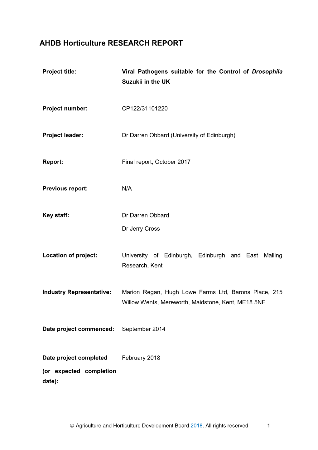 Project Title: Viral Pathogens Suitable for the Control of Drosophila Suzukii in the UK