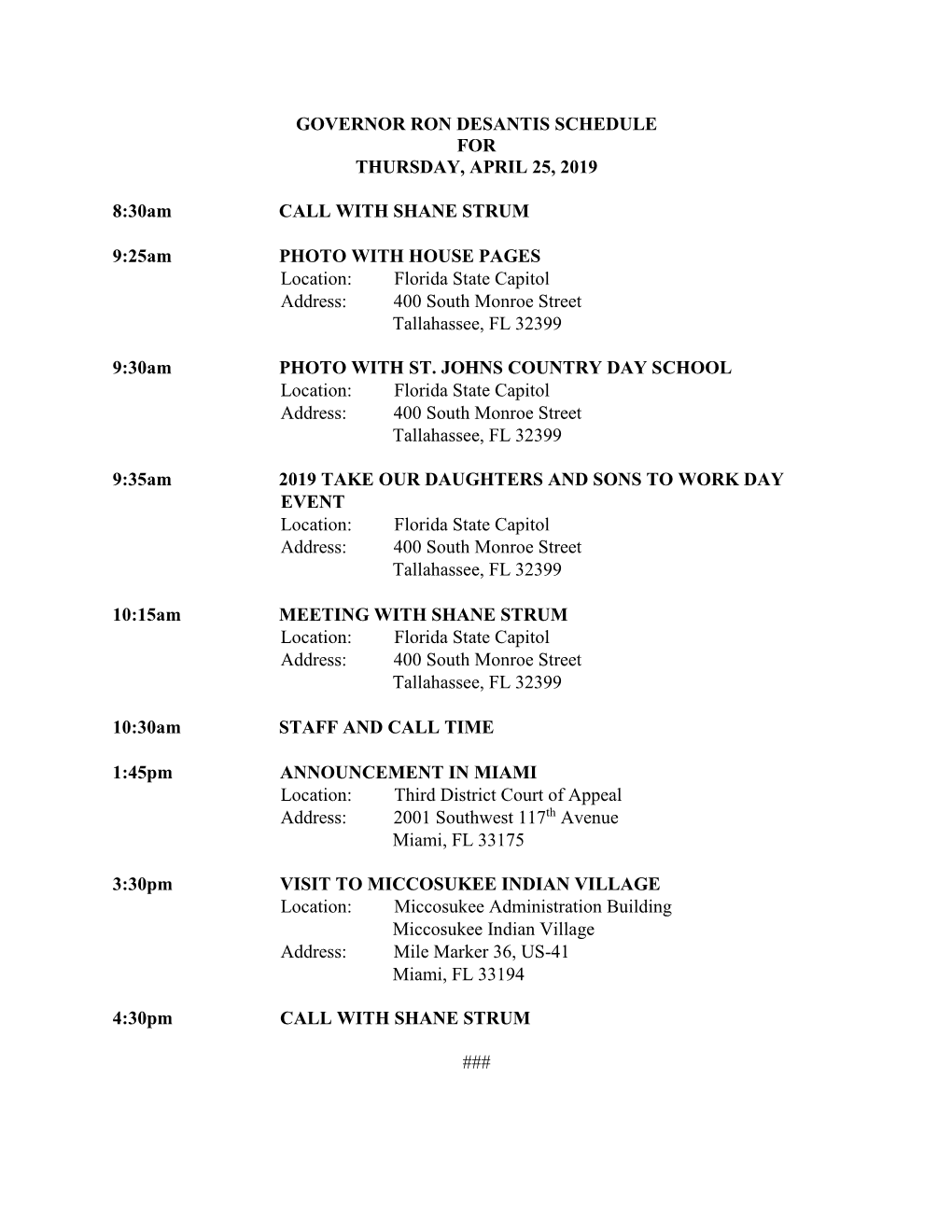 Desantis/ Nuñez Administrative Schedule