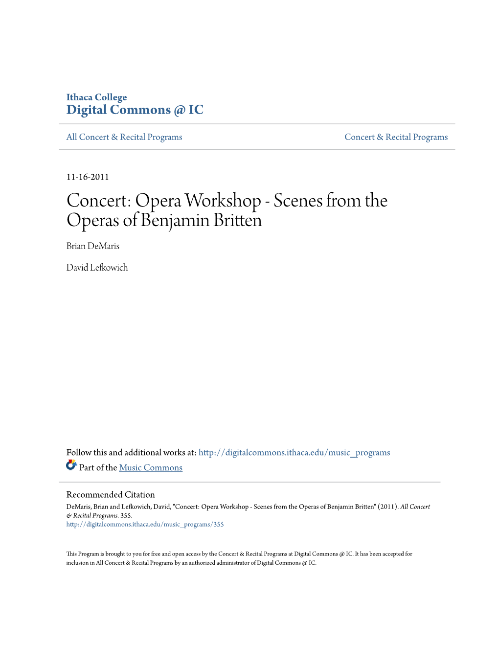 Opera Workshop - Scenes from the Operas of Benjamin Britten Brian Demaris