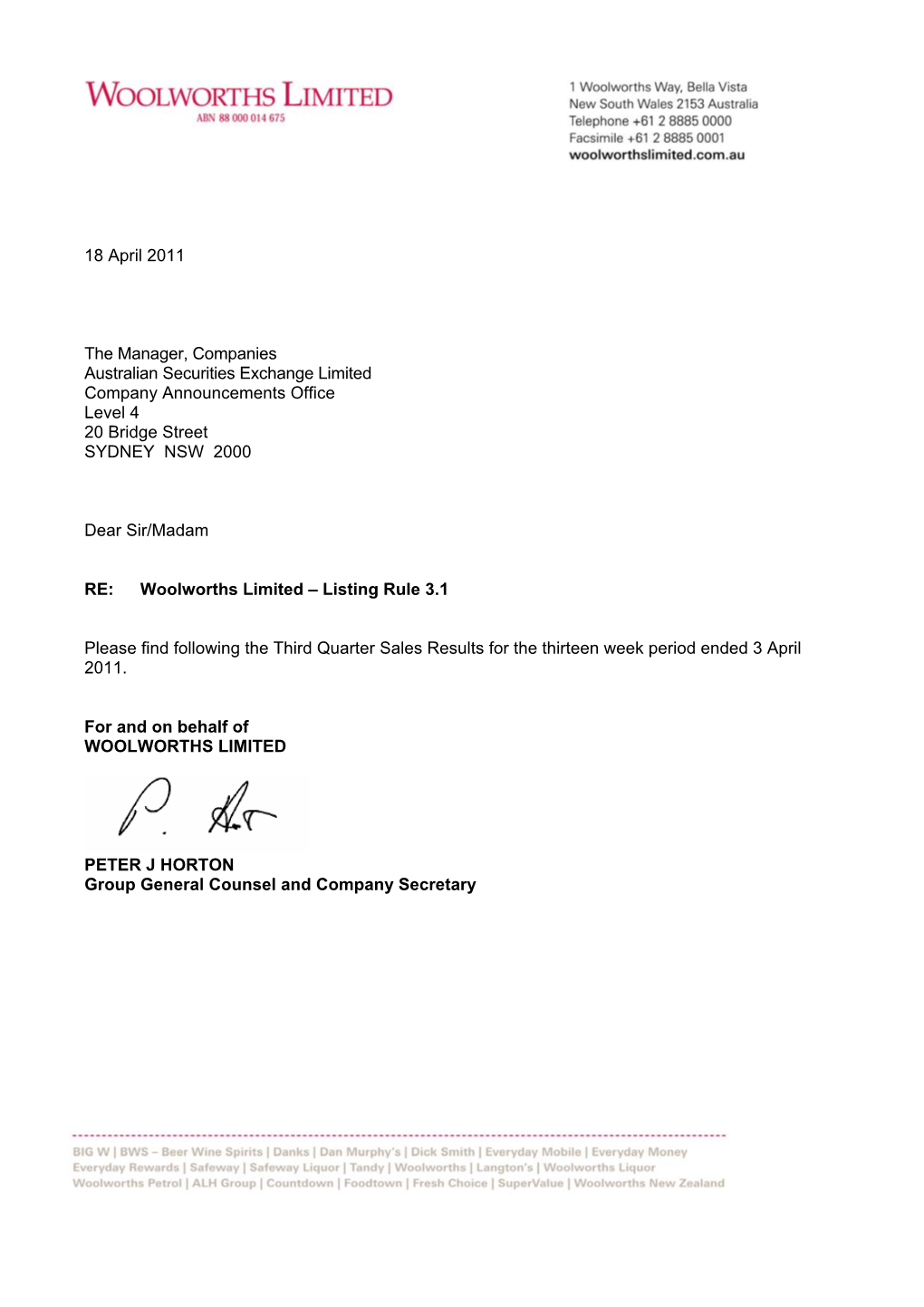 18 April 2011 the Manager, Companies Australian Securities Exchange Limited Company Announcements Office Level 4 20 Bridge Stre