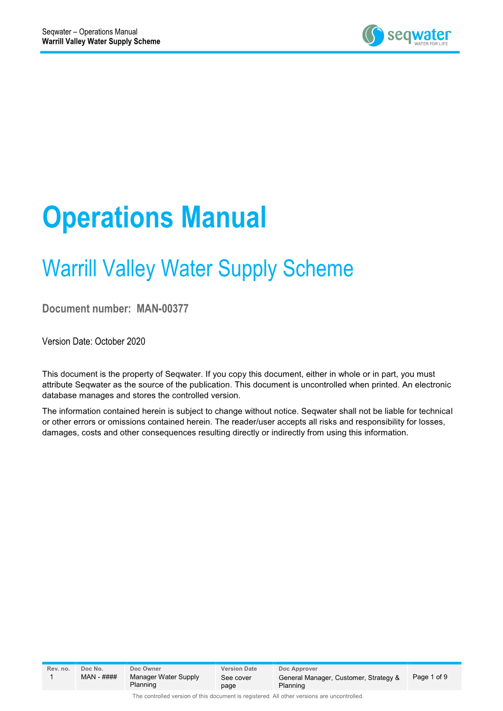 Operations Manual Warrill Valley Water Supply Scheme