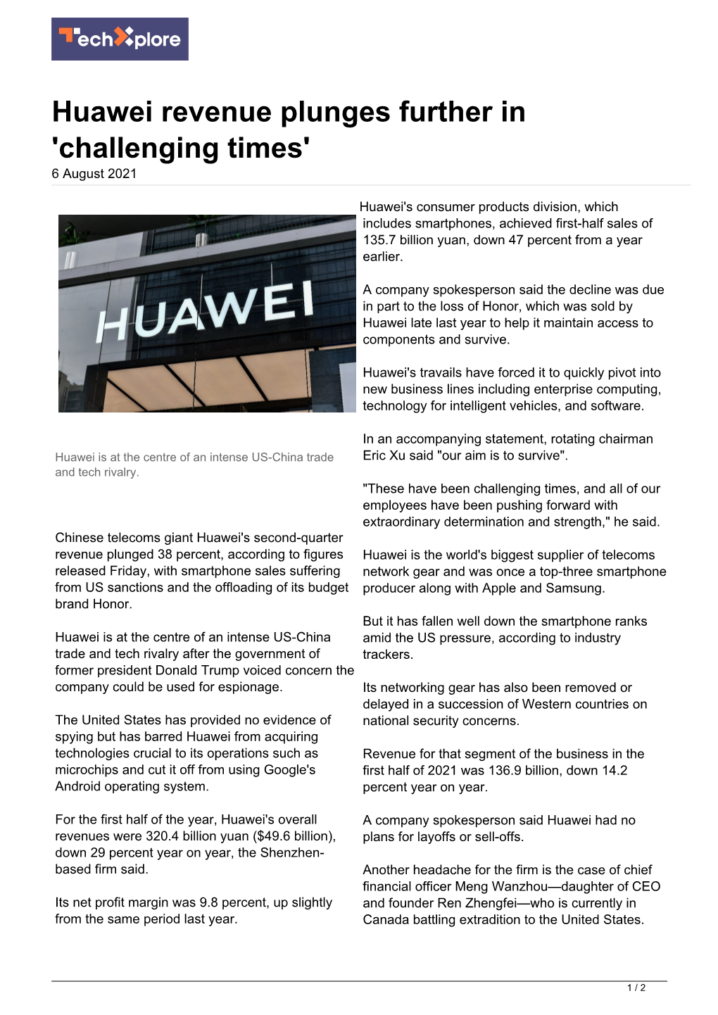 Huawei Revenue Plunges Further in 'Challenging Times' 6 August 2021