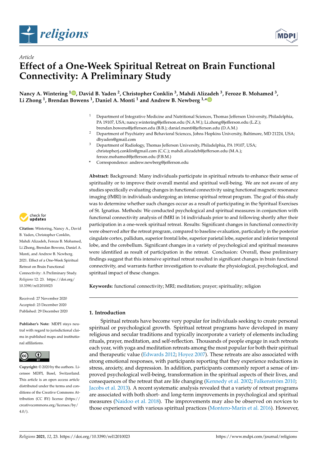 Effect of a One-Week Spiritual Retreat on Brain Functional Connectivity: a Preliminary Study