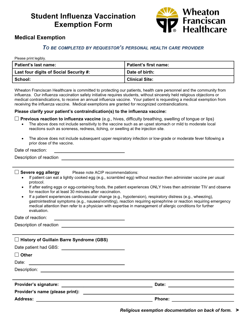 Religious Exemption Documentation on Back of Form