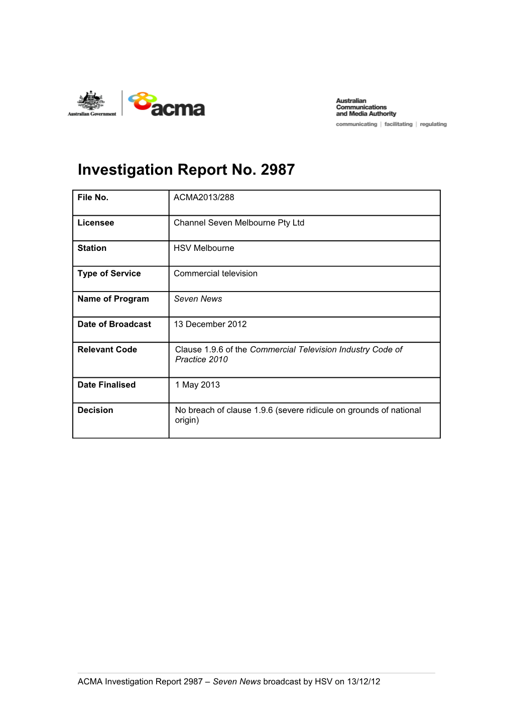 HSV7 Melbourne - ACMA Investigation Report 2987