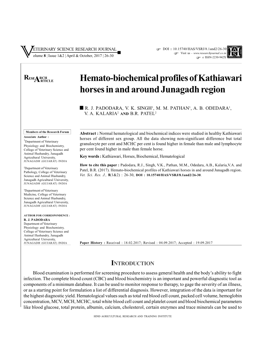 Hemato-Biochemical Profiles of Kathiawari Horses in and Around Junagadh Region