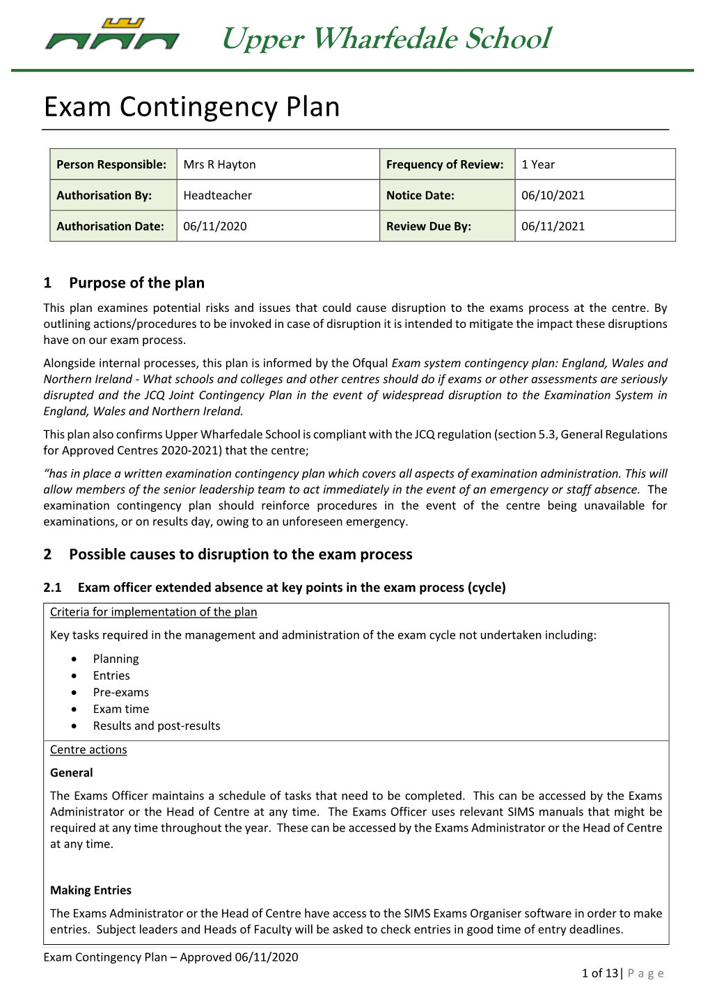 Exam Contingency Plan