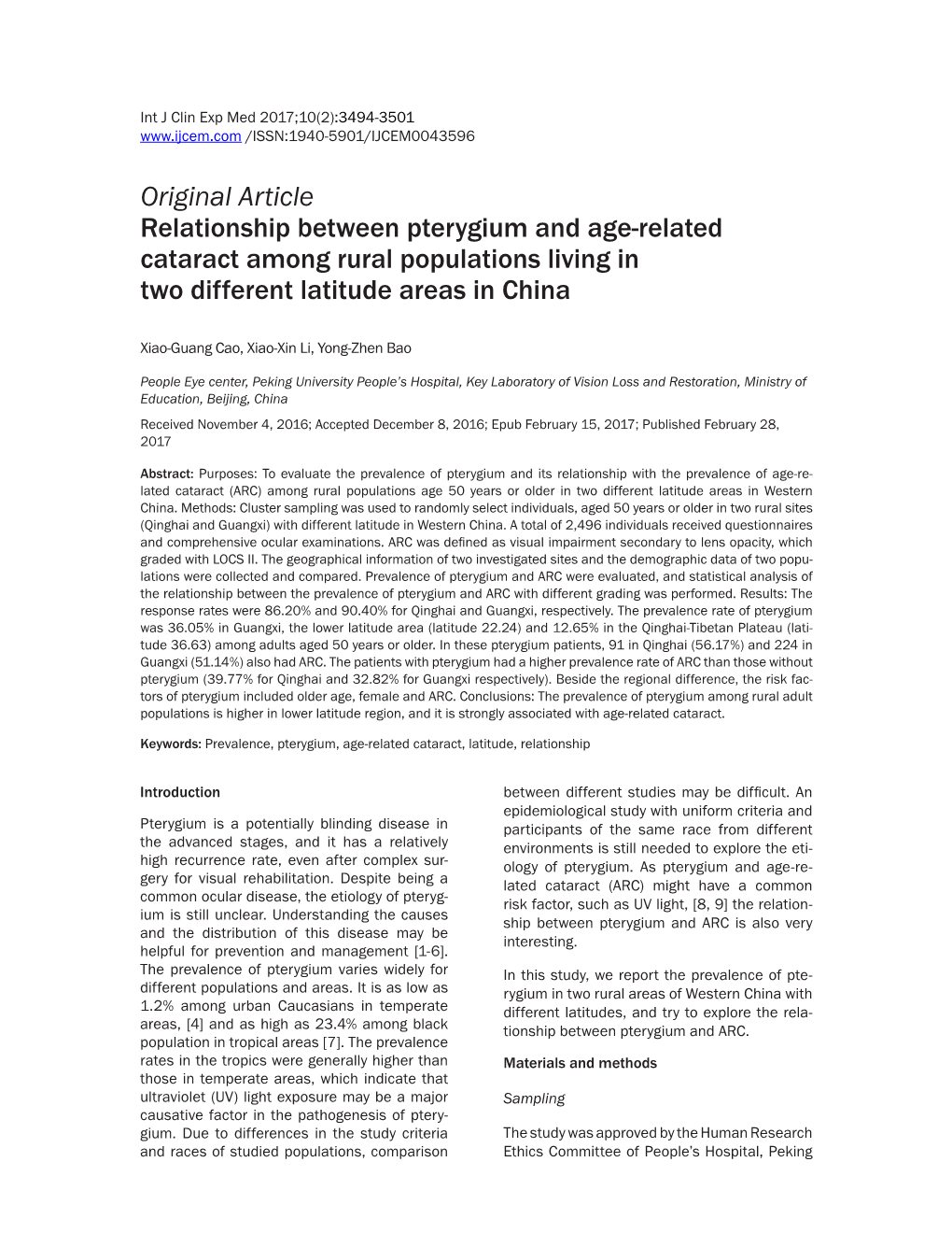 Original Article Relationship Between Pterygium and Age-Related Cataract Among Rural Populations Living in Two Different Latitude Areas in China