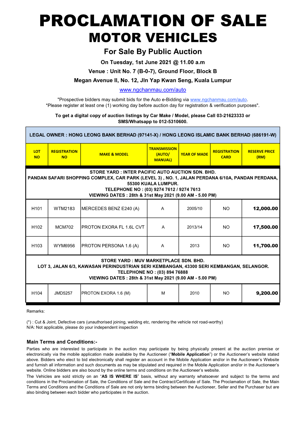 PROCLAMATION of SALE MOTOR VEHICLES for Sale by Public Auction on Tuesday, 1St June 2021 @ 11.00 A.M Venue : Unit No