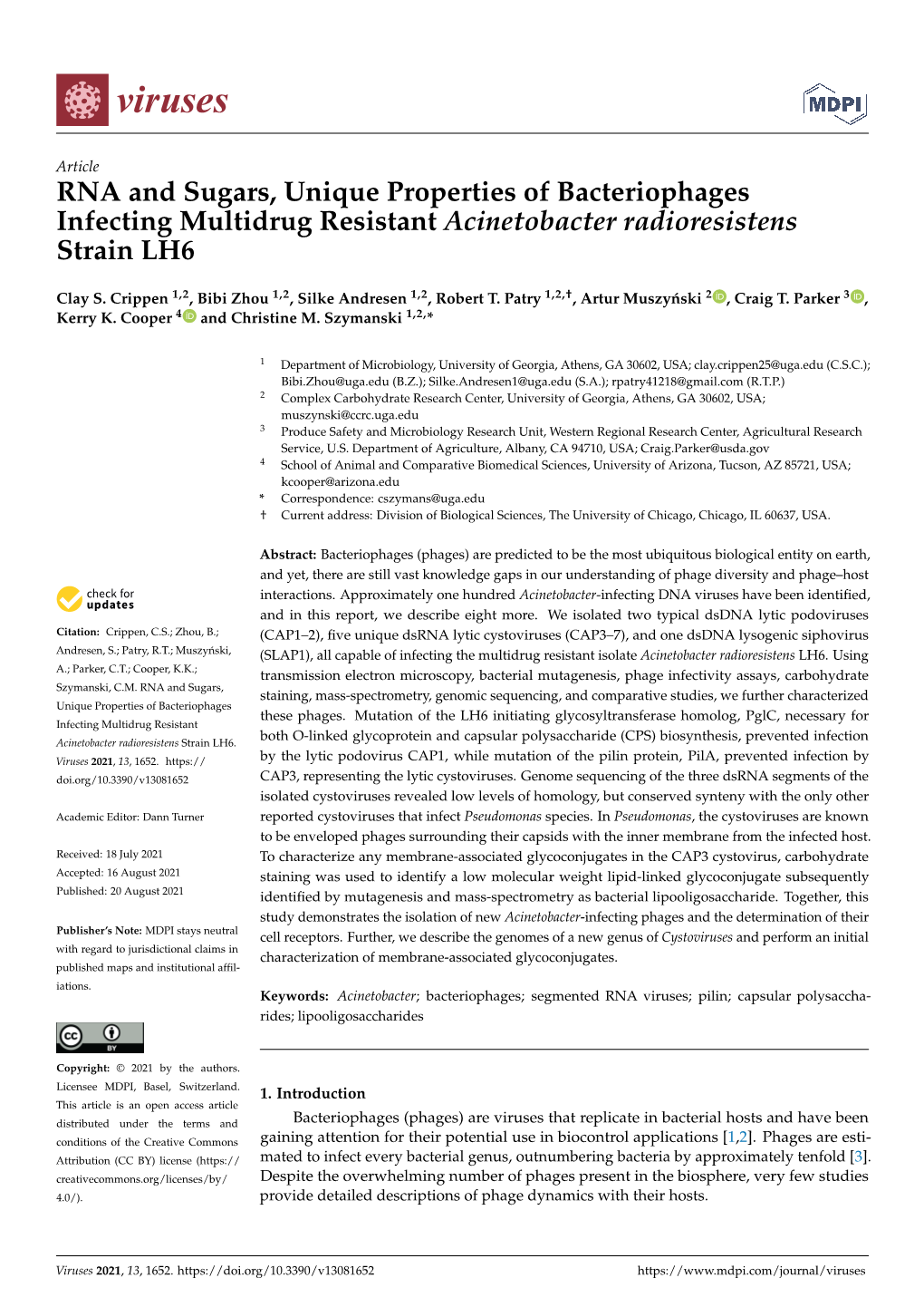 RNA and Sugars, Unique Properties of Bacteriophages Infecting Multidrug Resistant Acinetobacter Radioresistens Strain LH6