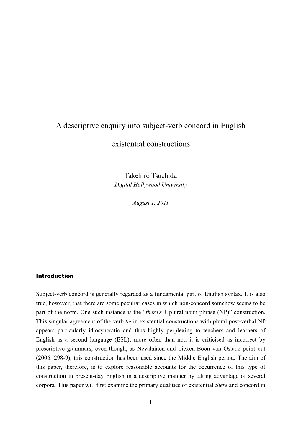 A Descriptive Enquiry Into Subject-Verb Concord in English Existential Constructions
