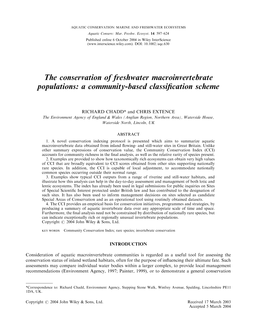 The Conservation of Freshwater Macroinvertebrate Populations: a Community-Based Classiﬁcation Scheme