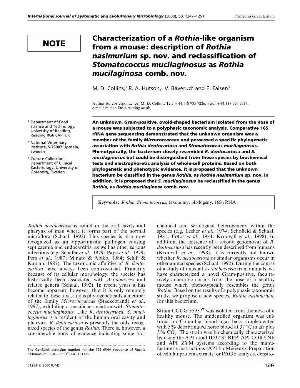 Description of Rothia Nasimurium Sp. Nov. and Reclassification of Stoma
