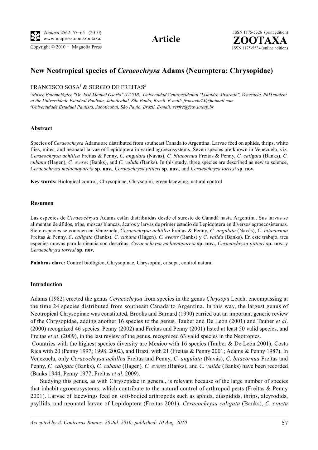 Zootaxa, New Neotropical Species of Ceraeochrysa Adams (Neuroptera