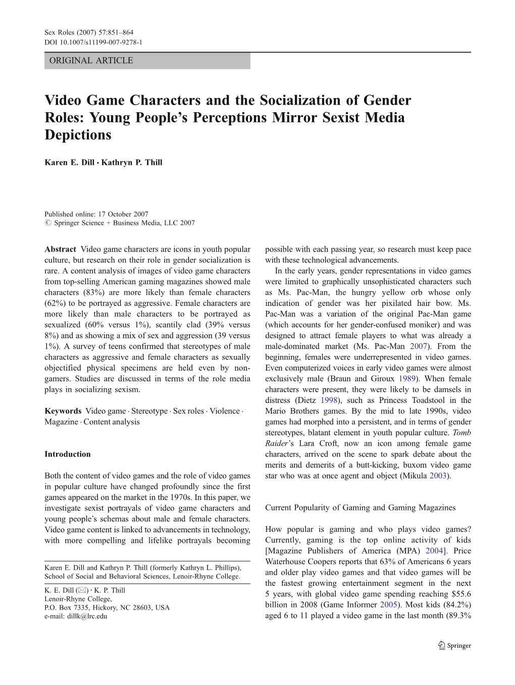 Video Game Characters and the Socialization of Gender Roles: Young People’S Perceptions Mirror Sexist Media Depictions