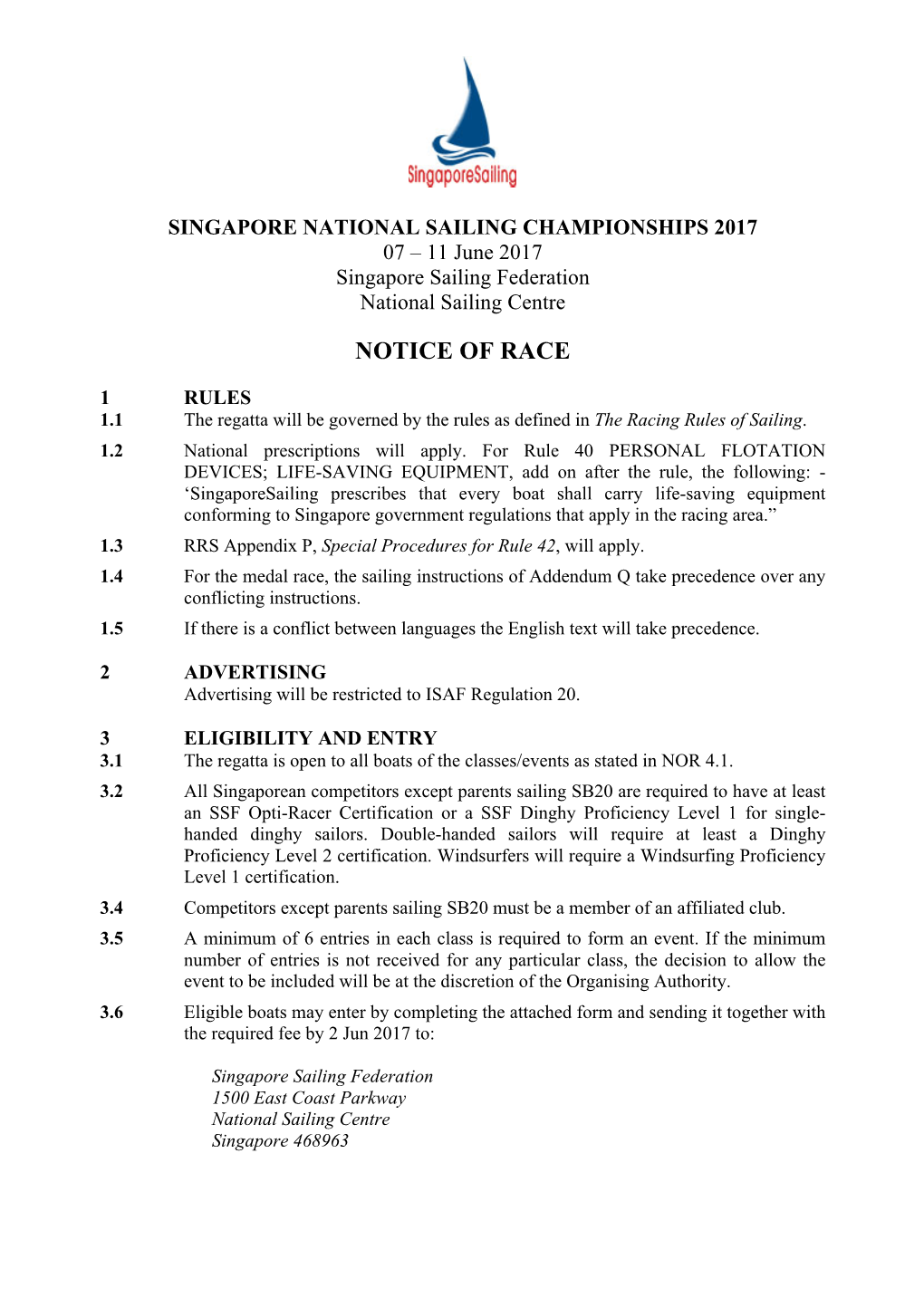 NOR Singapore National Sailing Championship 2017