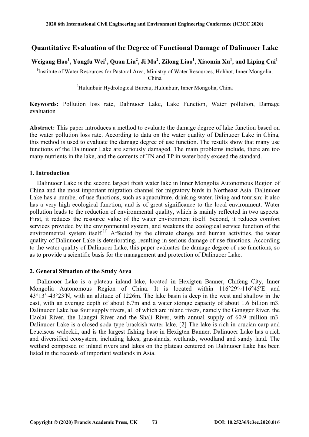 Quantitative Evaluation of the Degree of Functional Damage of Dalinuoer Lake