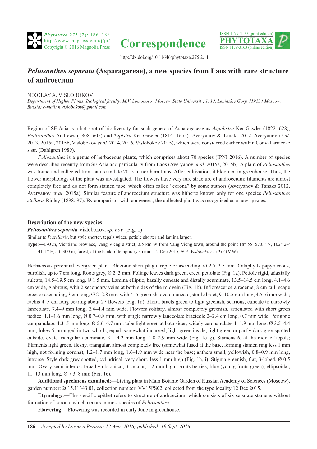 Peliosanthes Separata (Asparagaceae), a New Species from Laos with Rare Structure of Androecium