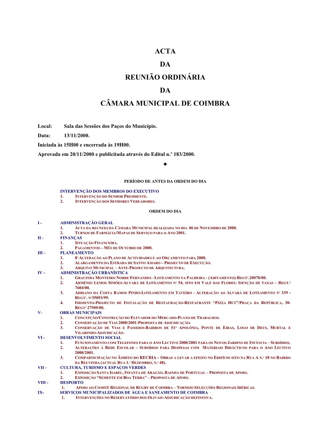 Acta Da Reunião Ordinária Da Câmara Municipal De Coimbra