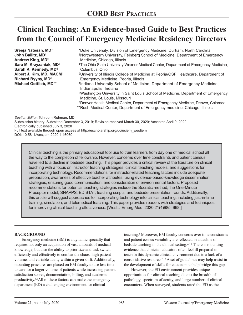 Clinical Teaching: an Evidence-Based Guide to Best Practices from the Council of Emergency Medicine Residency Directors