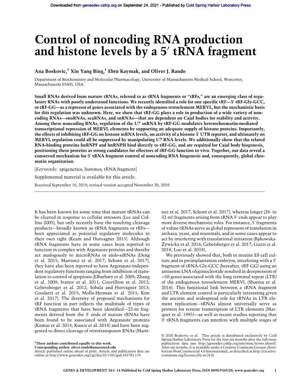 Control of Noncoding RNA Production and Histone Levels by a 5′ Trna Fragment