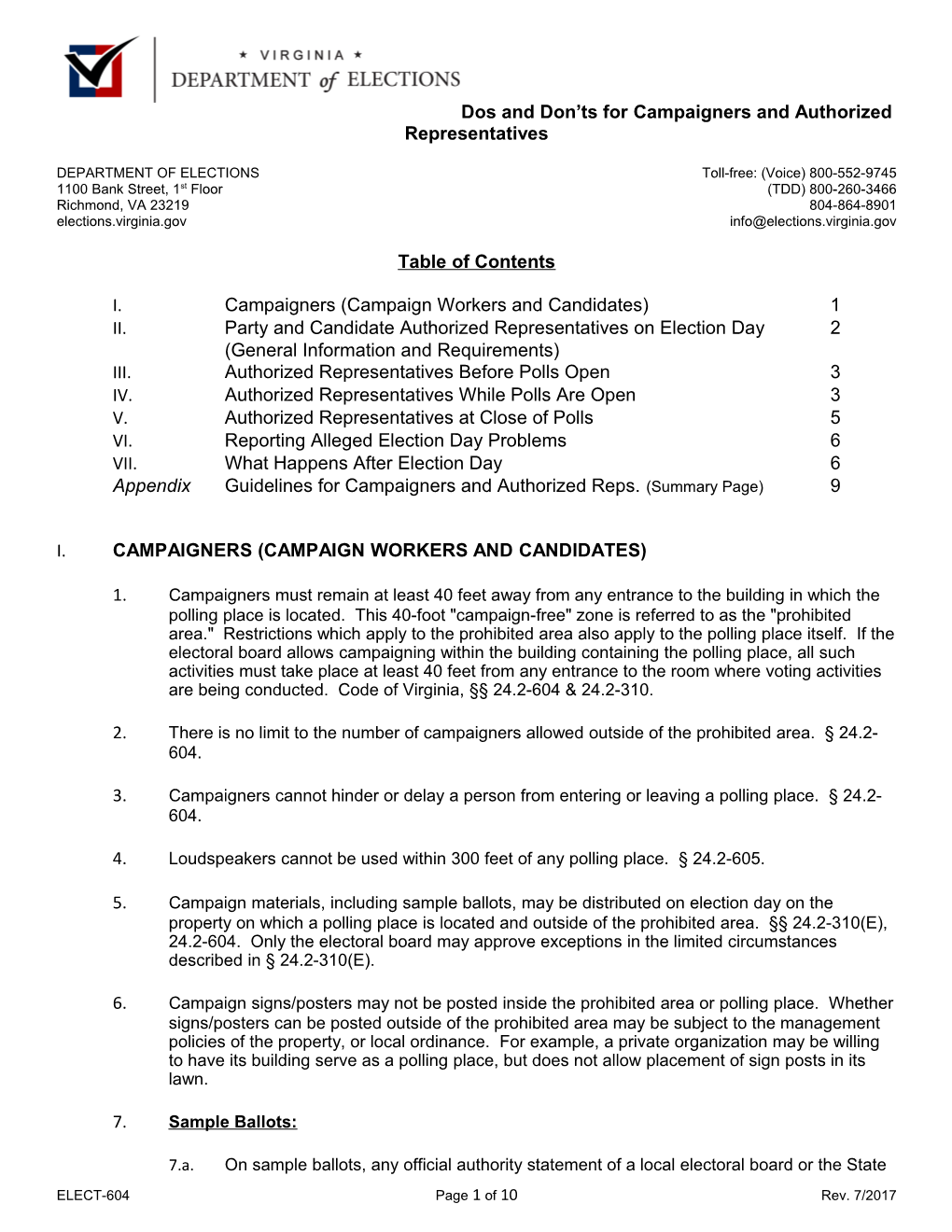 ELECT-604 Dos and Don'ts for Campaigners and Authorized Representatives