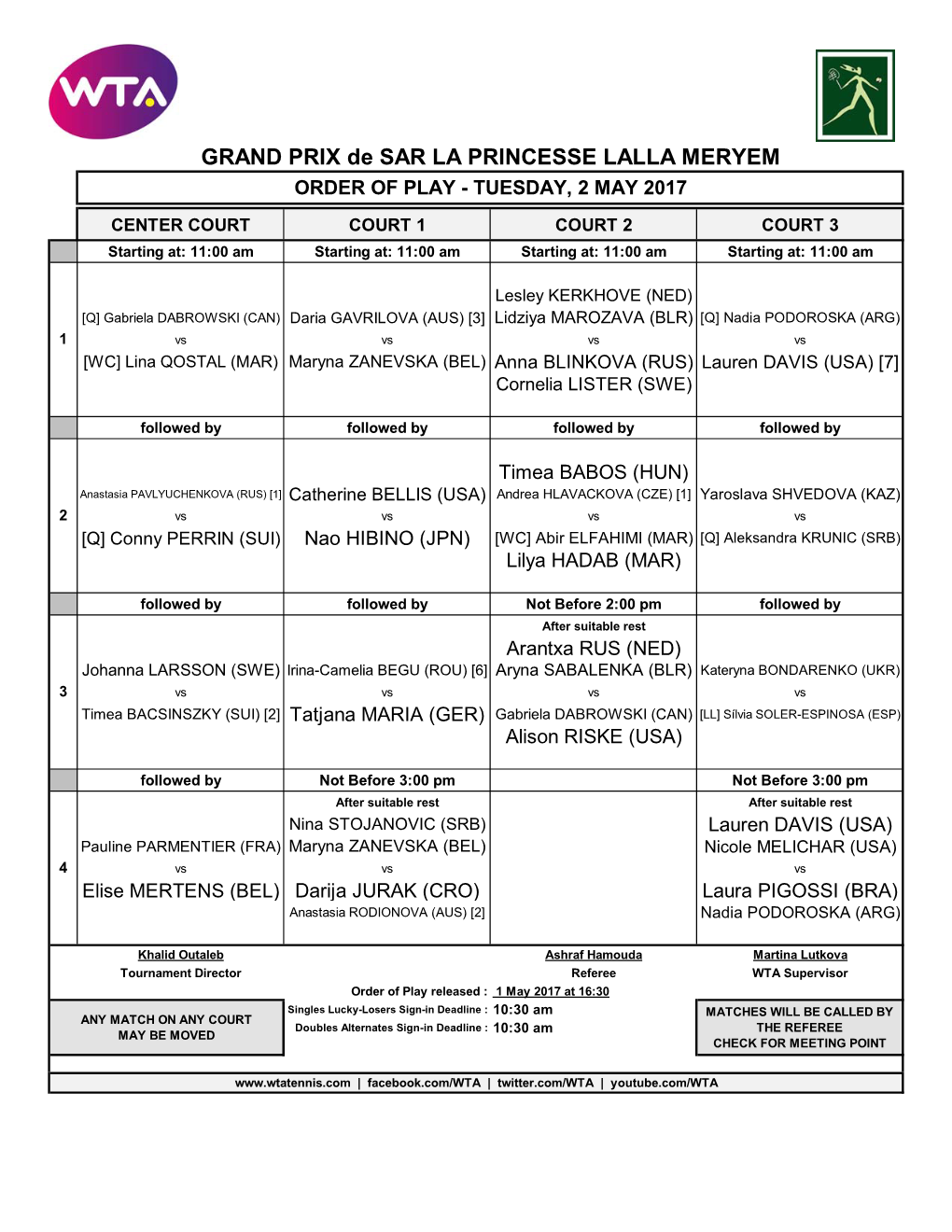 GRAND PRIX De SAR LA PRINCESSE LALLA MERYEM ORDER of PLAY - TUESDAY, 2 MAY 2017