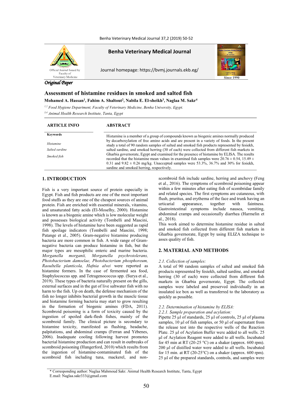 50 Benha Veterinary Medical Journal Assessment of Histamine Residues in Smoked and Salted Fish