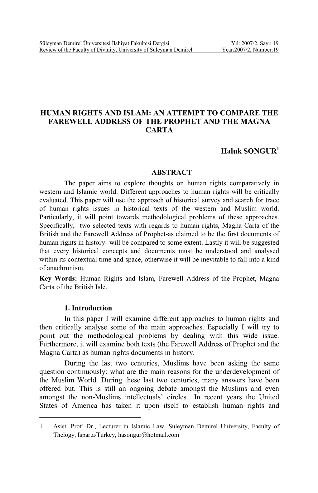 Human Rights and Islam: an Attempt to Compare the Farewell Address of the Prophet and the Magna Carta
