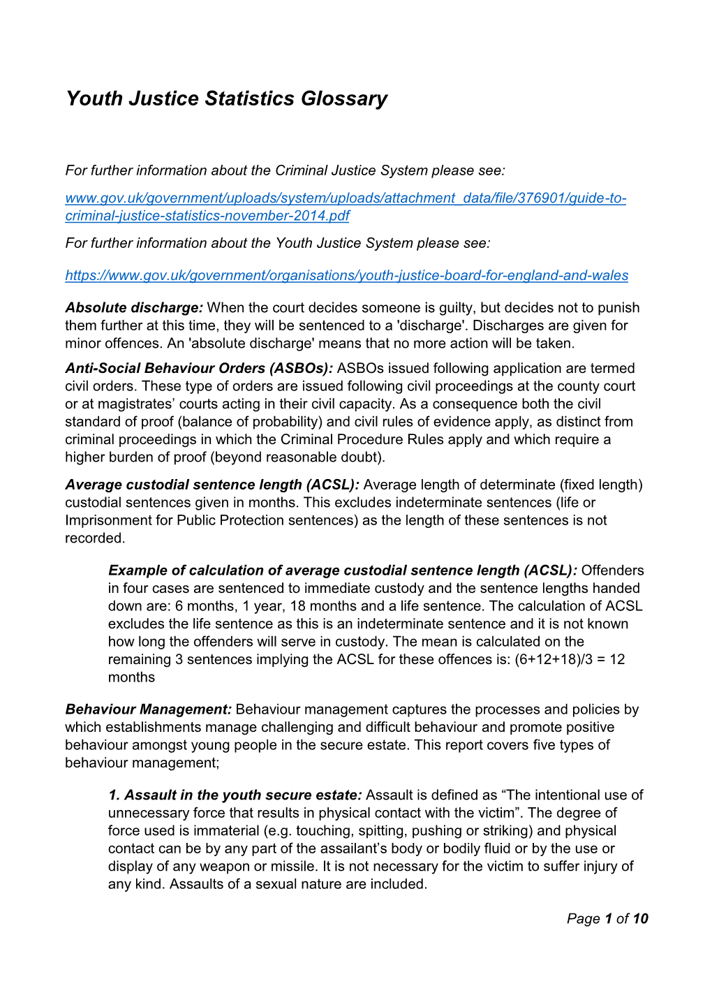 Youth Justice Statistics Glossary