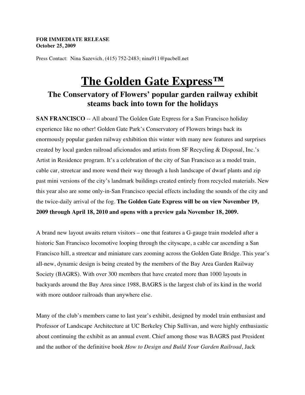 The Golden Gate Express™ the Conservatory of Flowers’ Popular Garden Railway Exhibit Steams Back Into Town for the Holidays