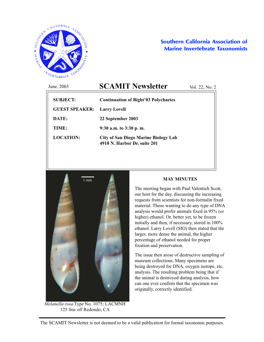 SCAMIT Newsletter Vol. 22 No. 2 2003 June