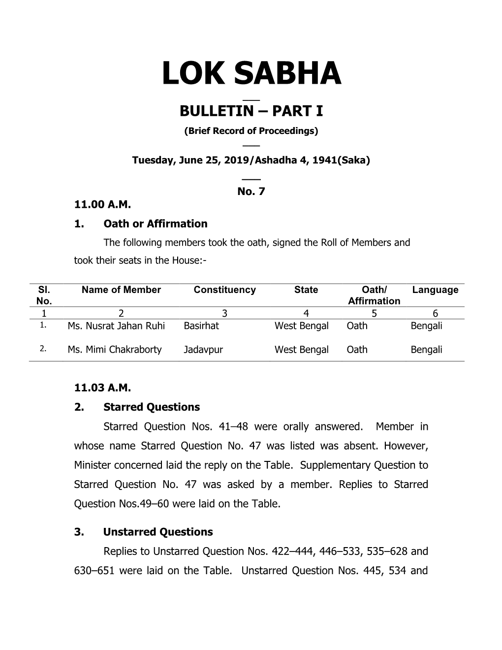 Lok Sabha ___ Bulletin – Part I